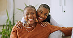 Senior, mother and daughter with portrait in home, support and smile with bonding in lounge. African woman, parent and comfort with care and quality time, loving relationship and happy together