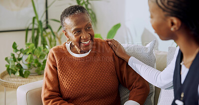 Buy stock photo Senior, patient and caregiver with support in nursing home, helping hand and health with smile. African woman, nurse and aid in elderly care, comfort and happy for assisted living and wellness