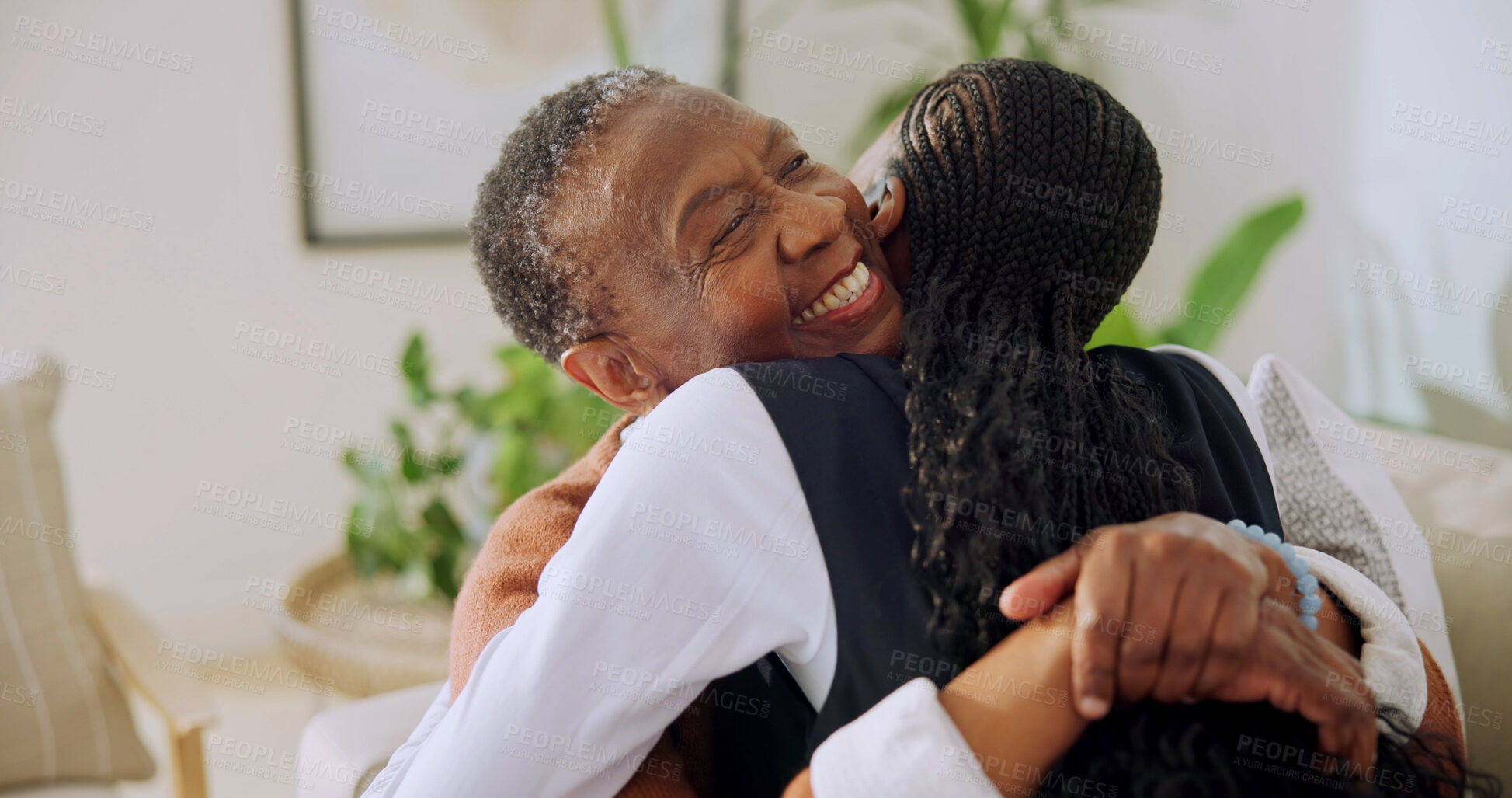 Buy stock photo Support, caregiver and senior woman in house with hug, understanding and empathy in assisted living. Compassion, nurse and elderly person with embrace, happy relationship and trust in retirement care