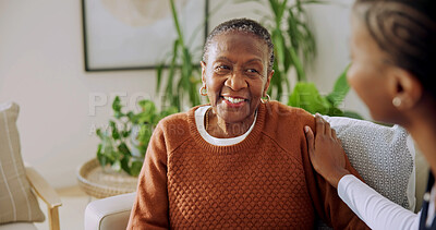 Buy stock photo Senior, patient and nurse with support in nursing home, helping hand and health with smile. African woman, caregiver and aid in elderly care, comfort and happy for assisted living and wellness