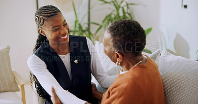 Buy stock photo Support, caregiver and old woman in house with embrace, understanding and empathy in assisted living. Compassion, nurse and elderly person with hug, happy relationship and trust in retirement care.