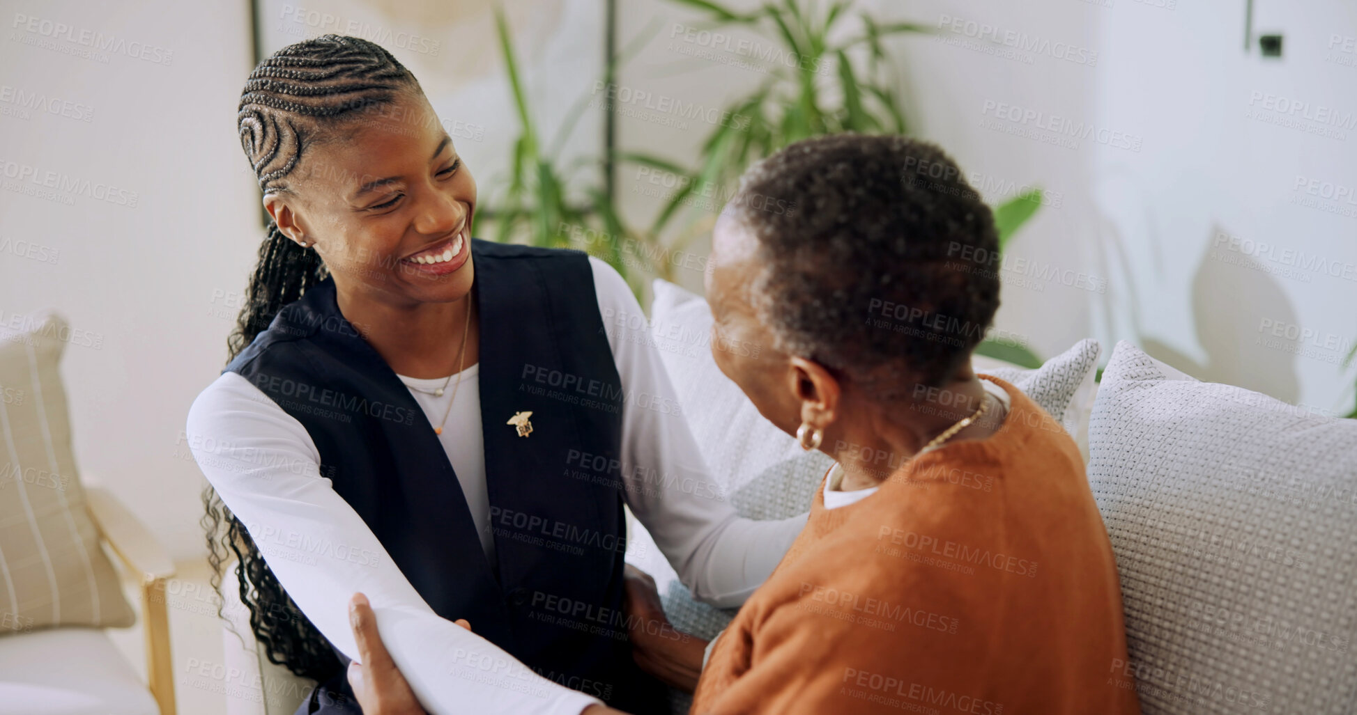 Buy stock photo Support, caregiver and old woman in house with embrace, understanding and empathy in assisted living. Compassion, nurse and elderly person with hug, happy relationship and trust in retirement care.