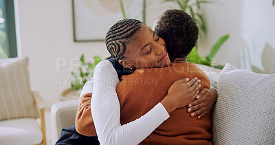 Buy stock photo Support, caregiver and old woman in home with hug, understanding and empathy in assisted living. Compassion, nurse and elderly person with embrace, happy relationship and trust in retirement care.