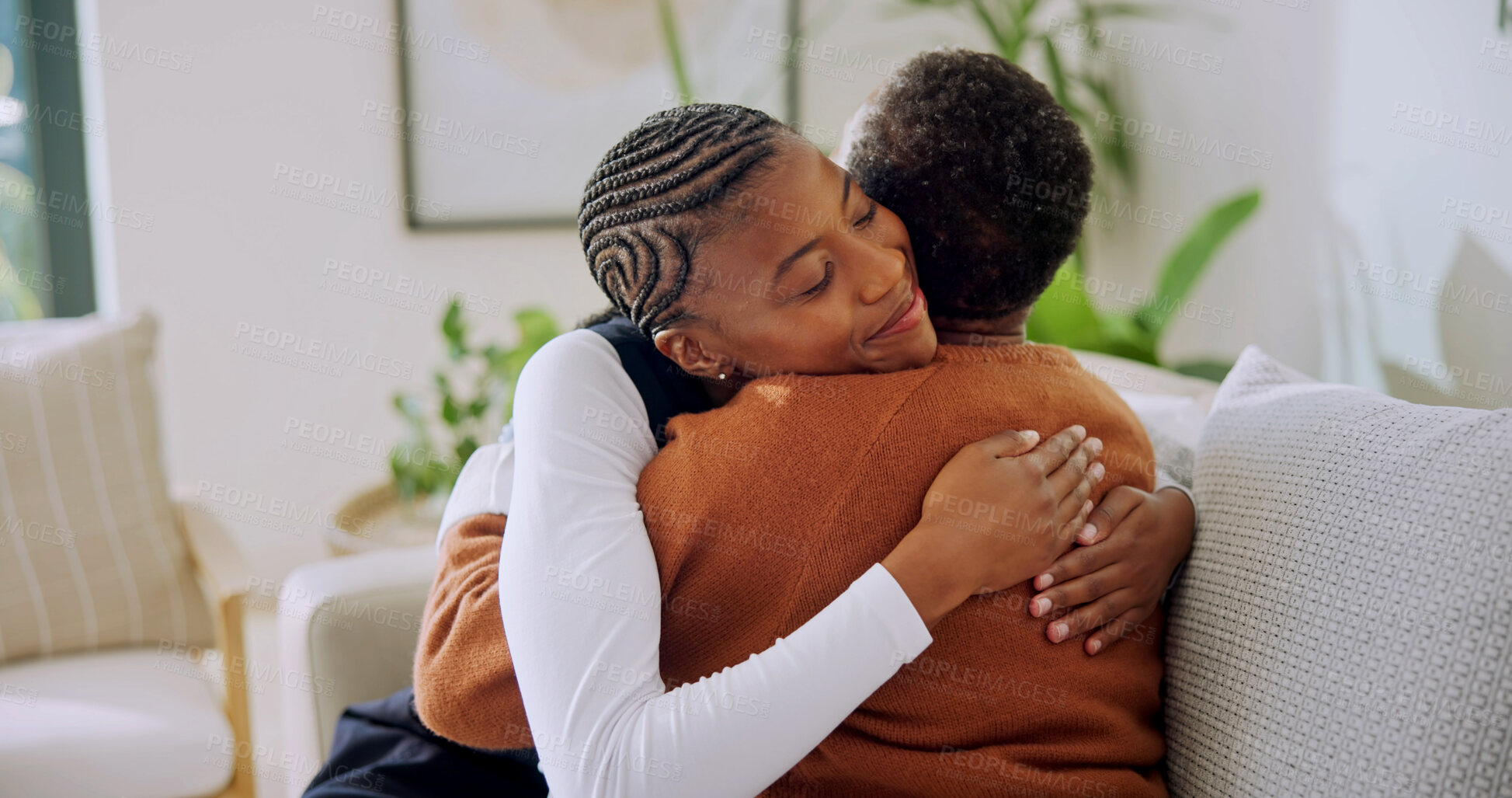 Buy stock photo Support, caregiver and old woman in home with hug, understanding and empathy in assisted living. Compassion, nurse and elderly person with embrace, happy relationship and trust in retirement care.