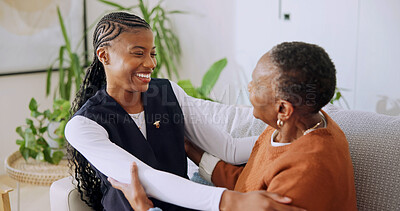 Buy stock photo Support, caregiver and old woman on sofa with embrace, connection and security in assisted living. Loving, nurse and elderly person in lounge with hug, happy relationship and trust in retirement home