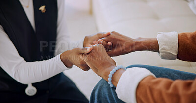 Buy stock photo Support, caregiver or old woman on couch with holding hands, security or empathy in assisted living. Compassion, nurse or elderly person with comfort, healthy relationship or trust in retirement home