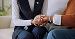 Caregiver, holding hands and old woman at house for comfort, empathy and medical diagnosis. Nurse, consoling and senior person in home for sympathy, assisted living and kindness of healthcare service