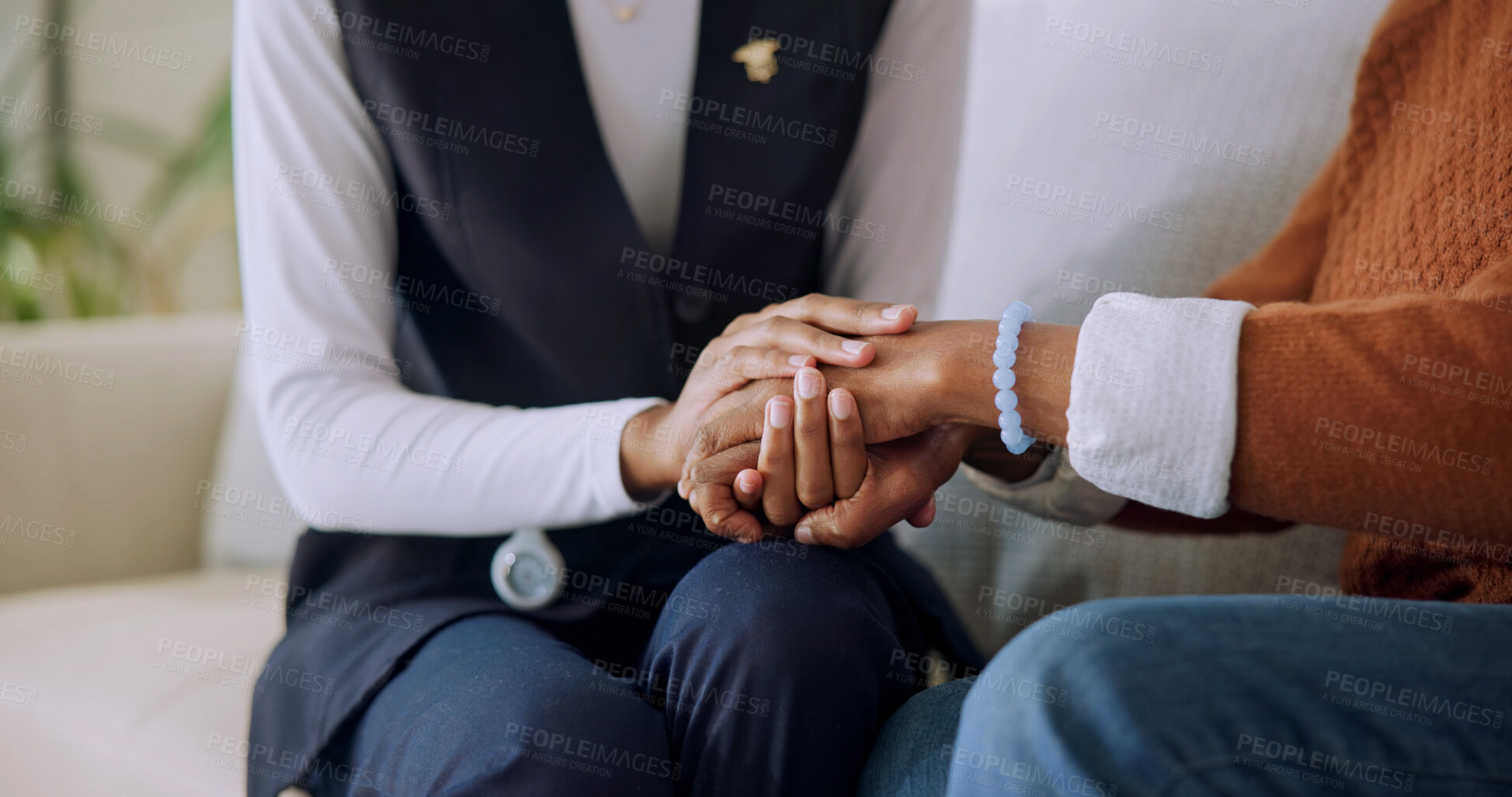 Buy stock photo Caregiver, holding hands and old woman at house for comfort, empathy and medical diagnosis. Nurse, consoling and senior person in home for sympathy, assisted living and kindness of healthcare service