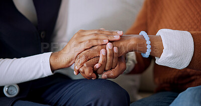 Buy stock photo Caregiver, holding hands and old woman in home for comfort, empathy and medical diagnosis. Nurse, consoling and senior person at house for sympathy, assisted living and kindness of healthcare service