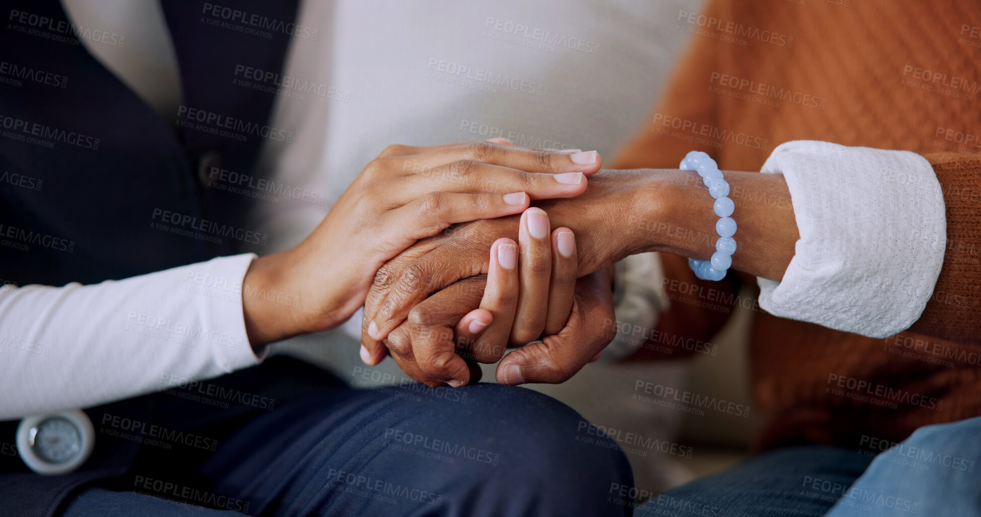 Buy stock photo Caregiver, holding hands and old woman in home for comfort, empathy and medical diagnosis. Nurse, consoling and senior person at house for sympathy, assisted living and kindness of healthcare service