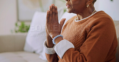 Buy stock photo Prayer, hands and senior woman in lounge, retirement and Christian with faith and worship in house. Religion, home and elderly person with belief in God, hope and spiritual praise in living room