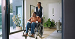 Thinking, caregiver and old woman with wheelchair, daydreaming and calm moment in nursing home. Happy, nurse and senior person with disability, assisted living and peaceful perspective in retirement.