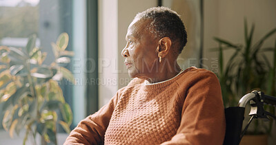 Buy stock photo Mental health, thinking or old woman in home with wheelchair, regret or reflection on trauma memory. Window, sad or senior person with disability, worry or difficult flashback in emotional thoughts.