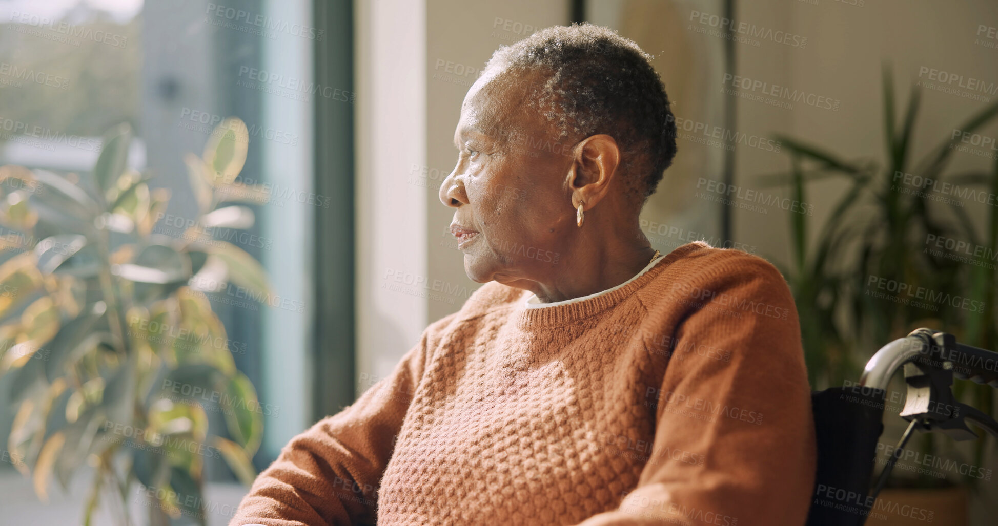 Buy stock photo Mental health, thinking or old woman in home with wheelchair, regret or reflection on trauma memory. Window, sad or senior person with disability, worry or difficult flashback in emotional thoughts.
