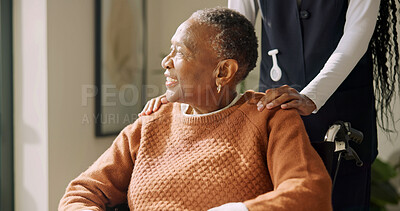 Buy stock photo Thinking, nurse and old woman with wheelchair, daydreaming and calm moment with elderly care. Happy, caregiver and senior person with disability, reflection and peaceful perspective in nursing home.