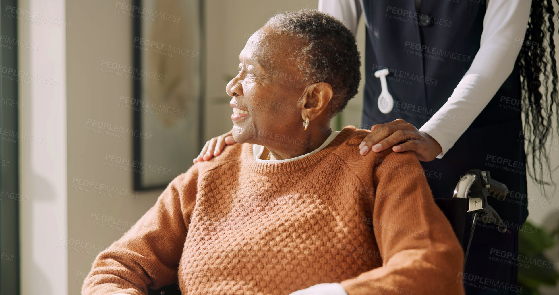 Buy stock photo Thinking, nurse and old woman with wheelchair, daydreaming and calm moment with elderly care. Happy, caregiver and senior person with disability, reflection and peaceful perspective in nursing home.