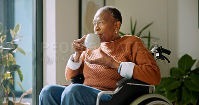 Buy stock photo Coffee, thinking and old woman in retirement home with wheelchair, daydream and nostalgia for past. Reflection, tea and senior black person with disability, remember memories and wonder by window.