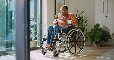 Buy stock photo Tea, thinking and old woman in retirement home with wheelchair, vision and remember memories of past. Coffee, reflection and senior black person with disability, nostalgia and daydream by window.