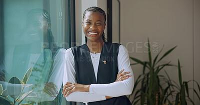 Buy stock photo Happy, portrait and caregiver with crossed arms in nursing home for support, career and healthcare. Smile, nurse and black woman with pride for medical service, job and trust at retirement facility