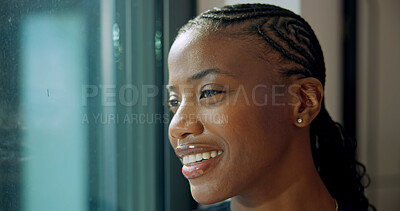 Buy stock photo Window, woman and smile in home with thinking, self reflection and future vision on weekend. Relax, black person and happy thoughts in house for nostalgic memory, daydreaming and fantasy in free time