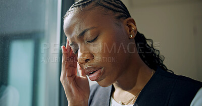 Buy stock photo Window, headache and nurse in hospital with stress for pressure, medical error and overworked. Clinic, healthcare and black woman with worry, head pain and migraine for burnout, fatigue and mistake