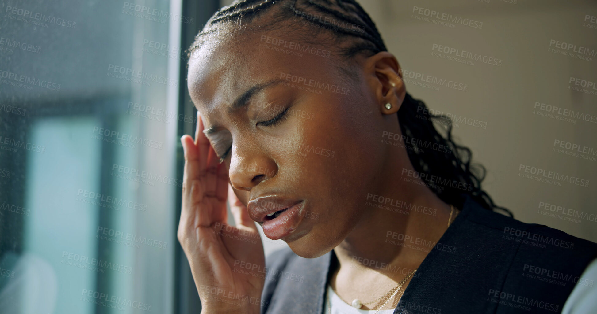 Buy stock photo Window, headache and nurse in hospital with stress for pressure, medical error and overworked. Clinic, healthcare and black woman with worry, head pain and migraine for burnout, fatigue and mistake