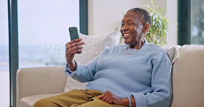 Buy stock photo Video call, gossip and old woman with phone in lounge, laugh and communication with contact on web. Retirement, home and senior black person with mobile, happiness and virtual chat with social media