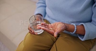 Buy stock photo Hands, pill and old woman in home with water, supplements and prescription drugs for chronic illness. Senior person, medicine and glass with liquid, vitamins and antibiotics for health condition.
