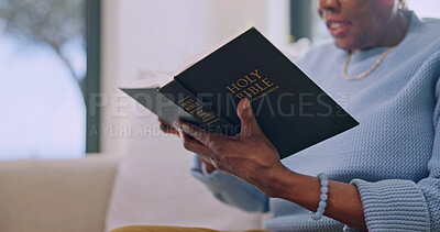 Buy stock photo Hands, bible and old woman reading in home with Christian belief, knowledge or worship Jesus Christ. Senior person, holy book and faith in retirement with Catholic religion, spiritual guide or gospel