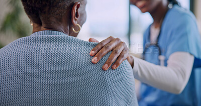 Buy stock photo Helping hand, patient and caregiver with support in nursing home, healthcare and empathy at clinic. People, nurse and aid in elderly care, comfort and kindness in consultation for wellness service