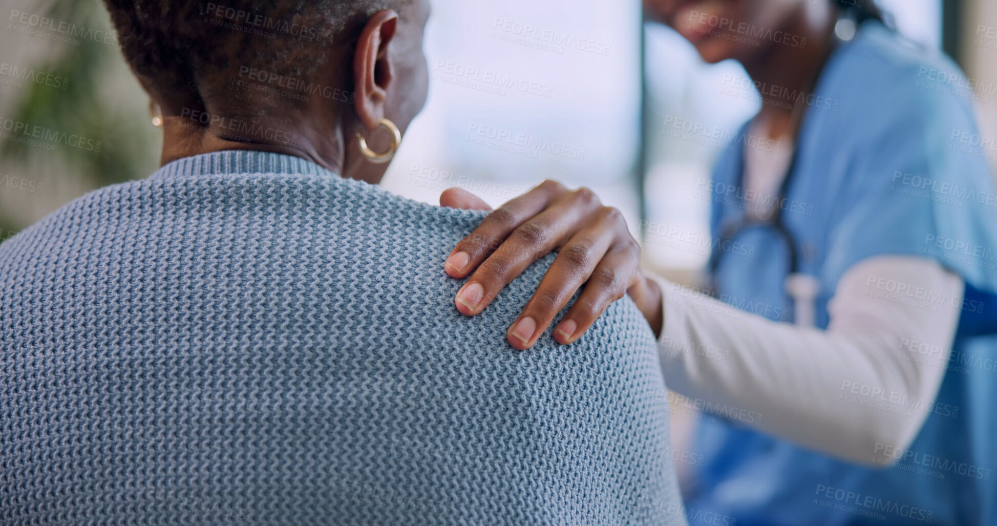 Buy stock photo Helping hand, patient and caregiver with support in nursing home, healthcare and empathy at clinic. People, nurse and aid in elderly care, comfort and kindness in consultation for wellness service