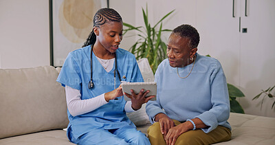 Buy stock photo Tablet, nurse and senior woman in home for talking, telehealth app and help for medical report. Healthcare, retirement and caregiver with African patient for support, wellness and assisted living