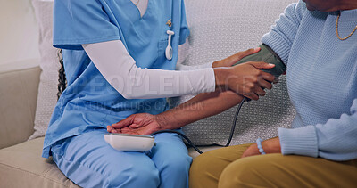 Buy stock photo Caregiver, hands and patient in nursing home with blood pressure machine for wellness check. Healthcare, monitor hypertension and person with nurse, assisted living and medical evaluation in lounge