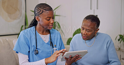 Buy stock photo Tablet, talking and nurse with old woman in home for consulting, telehealth app and medical report. Healthcare, retirement and caregiver with African patient for website, wellness and assisted living