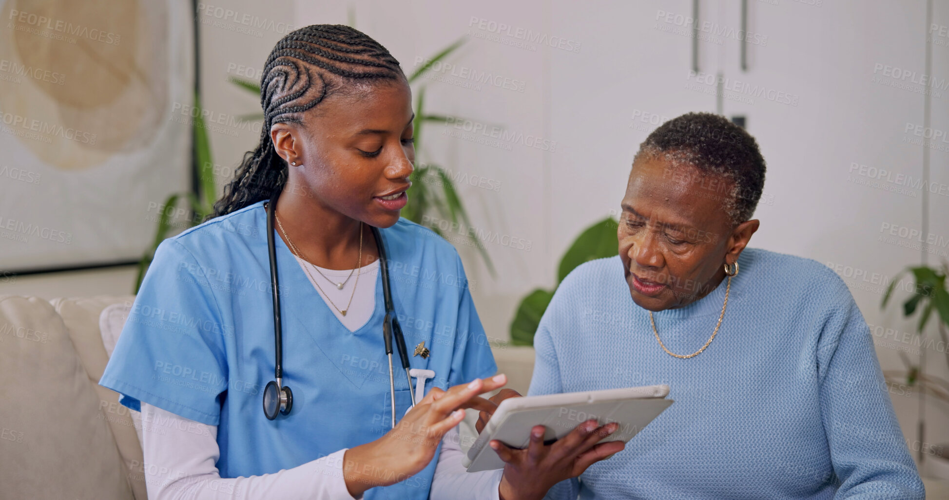 Buy stock photo Tablet, talking and nurse with old woman in home for consulting, telehealth app and medical report. Healthcare, retirement and caregiver with African patient for website, wellness and assisted living
