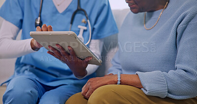 Buy stock photo Tablet, nurse and hands of senior woman for consulting, telehealth app and help with report. Healthcare, retirement and caregiver with elderly patient for medical support, wellness or assisted living