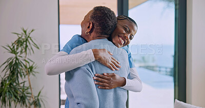 Buy stock photo Caregiver, hug and old woman in nursing home with smile, assistance and support for rehabilitation. Happy, nurse and senior person in retirement center with embrace, help and healthcare for wellness.