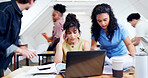 Laptop, students and woman with stress in college, academic pressure or busy with university chaos. Computer, school project manager or education burnout, team deadline or overworked with workload
