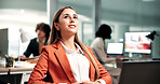 Business, thinking and happy woman in office with ambition for company improvement or development. Female person, inspiration or employee contemplating with smile or vision for job or career insight