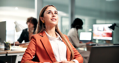 Buy stock photo Business, thinking and happy woman in office with ambition for company improvement or development. Female person, inspiration or employee contemplating with smile or vision for job or career insight