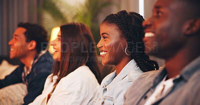 Buy stock photo Happy, woman and friends watching tv in home for social gathering or entertainment together. Group, community or smile with online streaming on sofa for subscription, network or connection in house