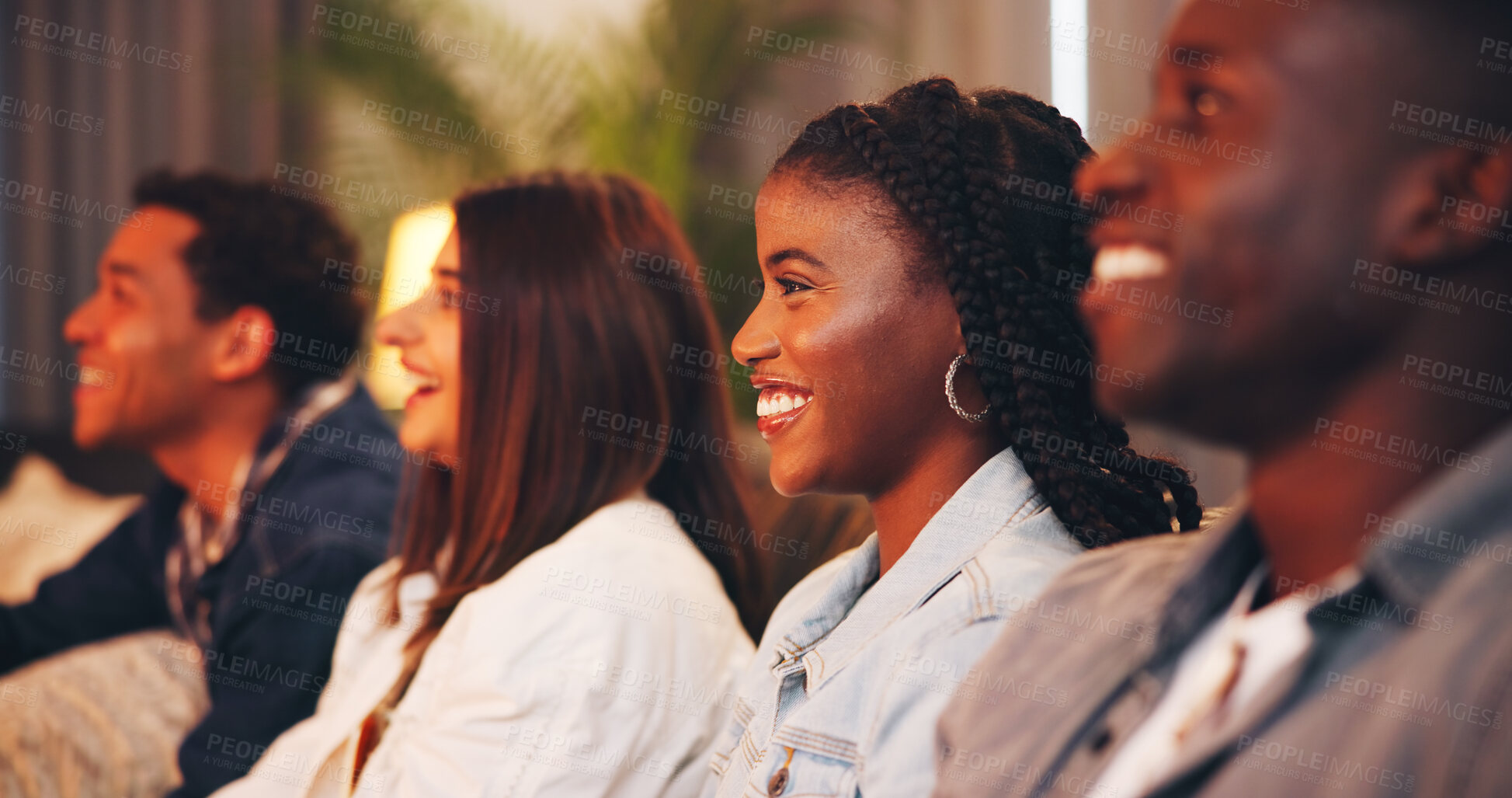 Buy stock photo Happy, woman and friends watching tv in home for social gathering or entertainment together. Group, community or smile with online streaming on sofa for subscription, network or connection in house