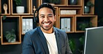 Man, portrait and headset at computer for business, company representative or financial advisor. Happy, broker or tech in firm for contact us, online consultation or confidence with financing service