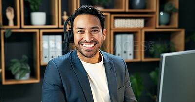 Buy stock photo Man, portrait and headset at computer for business, company representative or financial advisor. Happy, broker or tech in firm for contact us, online consultation or confidence with financing service