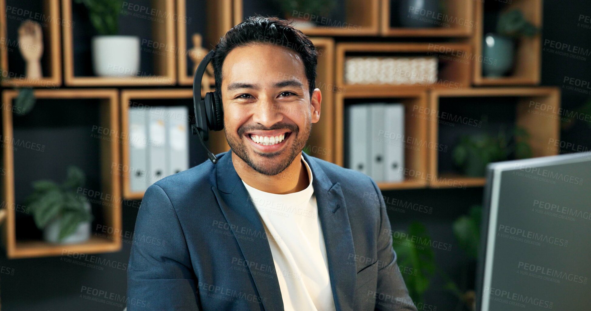 Buy stock photo Man, portrait and headset at computer for business, company representative or financial advisor. Happy, broker or tech in firm for contact us, online consultation or confidence with financing service