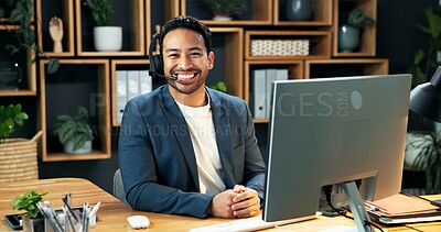 Buy stock photo Man, portrait and headset at computer for finance, company representative or business advisor. Happy, broker or tech in firm for contact us, online consultation or confidence with financing service