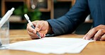 Hands, person and paperwork signature in office for legal agreement, insurance application or deal. Business, document and filing contract, signing coverage policy or writing on form for registration