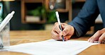Hands, person and document signature in office for legal agreement, insurance application or deal. Business, paperwork and filing contract, signing coverage policy or writing on form for registration