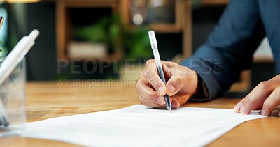 Buy stock photo Hands, person and document signature in office for legal agreement, insurance application or deal. Business, paperwork and filing contract, signing coverage policy or writing on form for registration