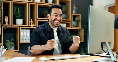 Buy stock photo Man, excited and computer in office for success, business achievement or crowdfunding goal in NGO. Charity, chairman and PC in NPO with fist pump, financial sponsor or philanthropy aid grant in email